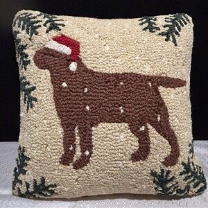 Chandler 4 Corners Hooked Wool Pillow Snow Dog 16”x 16" Laura Megroz